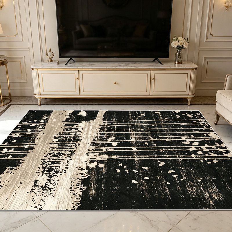 1PC Distressed Black Beige Abstract Stripe area rugs for Living Room, Soft and Comfortable, Suitable for all seasons, easy-to-maintain, machine washable Indoor floor mat, Under Table Farmhouse suitable for dining table