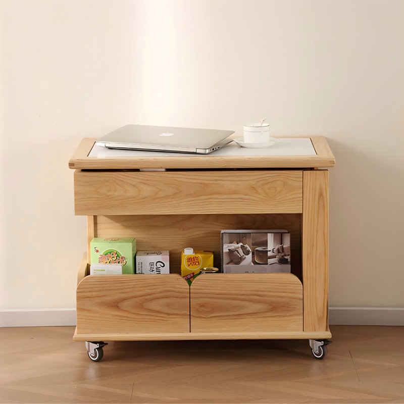 Modern Minimalist Solid Wood Natural Color Height - Adjustable Rotating Mobile Side Table