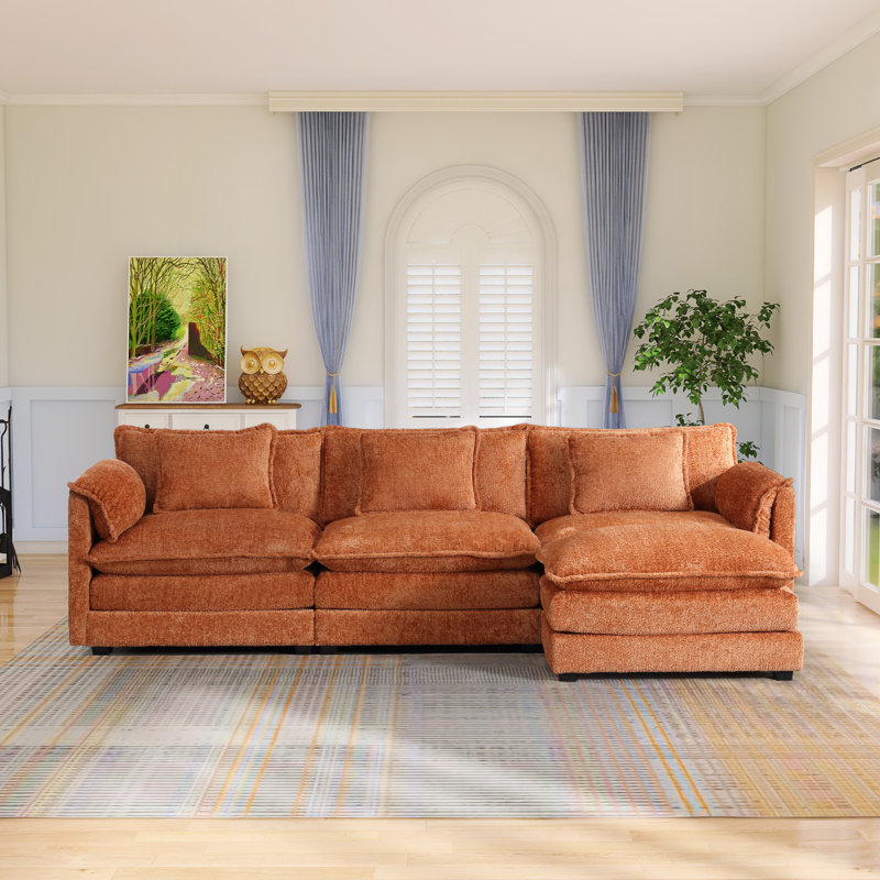 Eugenijus 112.2"W Modular Boucle Sectional, Orange Boucle
