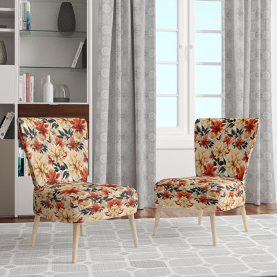 Beige And Red Autumn Flowers Garden - Velvet Upholstered Vintage Side Chair, Beige Accent Chair