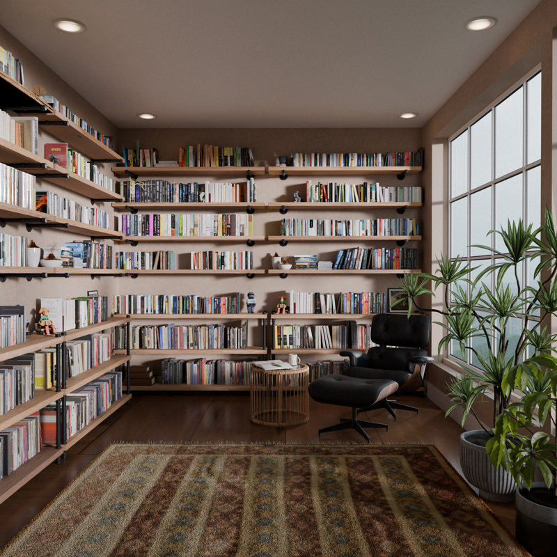 Vertell Long Wall Shelf, Industrial Pipe Shelving, Wooden Book Shelves for Living Room, Shelf Décor