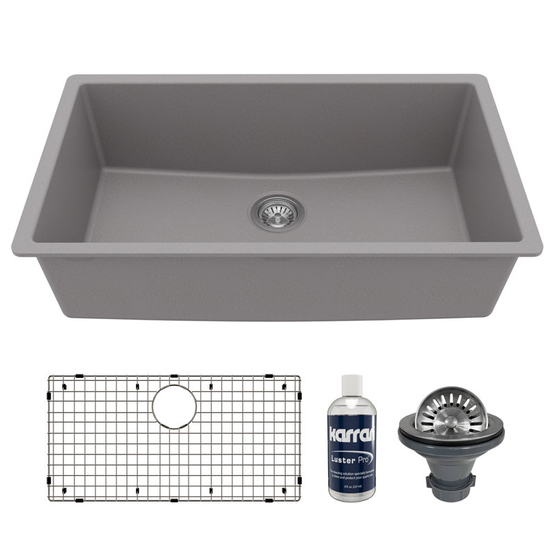 Karran Quartz 32-1/4'' X 19-1/4'' Large Single Bowl Undermount Kitchen Sink Kit, Gray