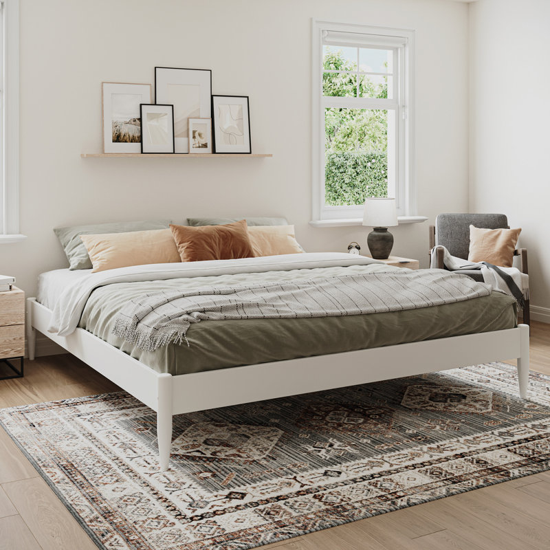 Anitia Mid Century Modern Low Profile Platform Bed Frame, White, King