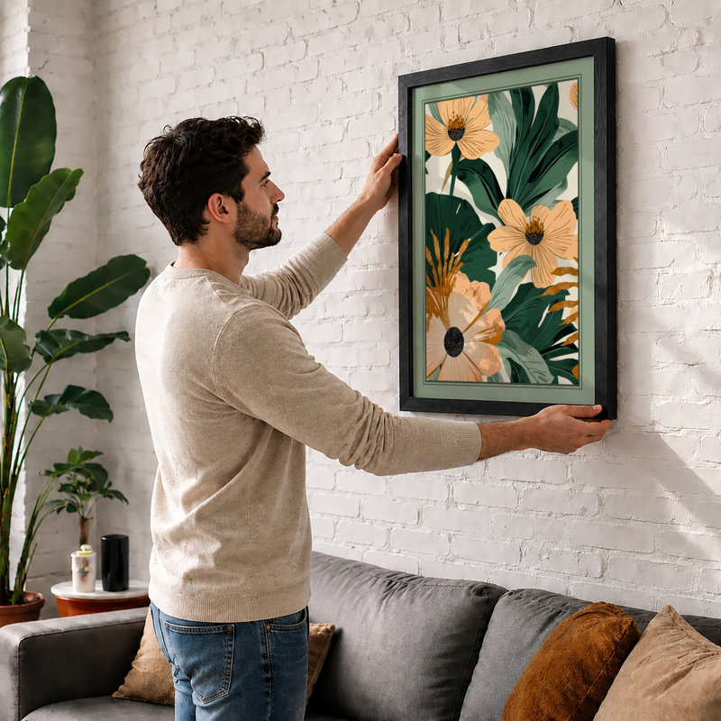 Peach Daisies and Foliage Botanical - Framed Print, A4 - 29.7 x 21.0 cm, Oak