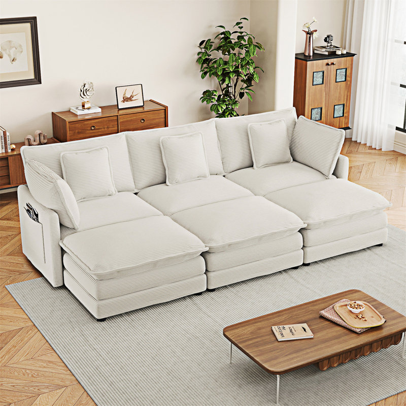 Canapé modulaire rembourré modulaire avec poches de rangement latérales et trois repose-pieds mobiles, Beige