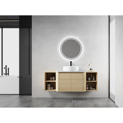 54'' Bathroom Vanity With Ceramic Art Sink, 2 Storage Shelves, Soft-close Doors, Kd Packing, Plywood - Unique Rounded Edges Cabinet, Smooth Surface Finish, Easy To Clean Featuring Saving Space