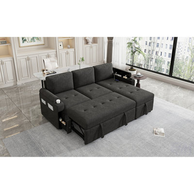 83.5 Inch L-Shaped Convertible Sofa Bed With Storage, Cup Holders, And USB Ports For Modern Living, Sectional