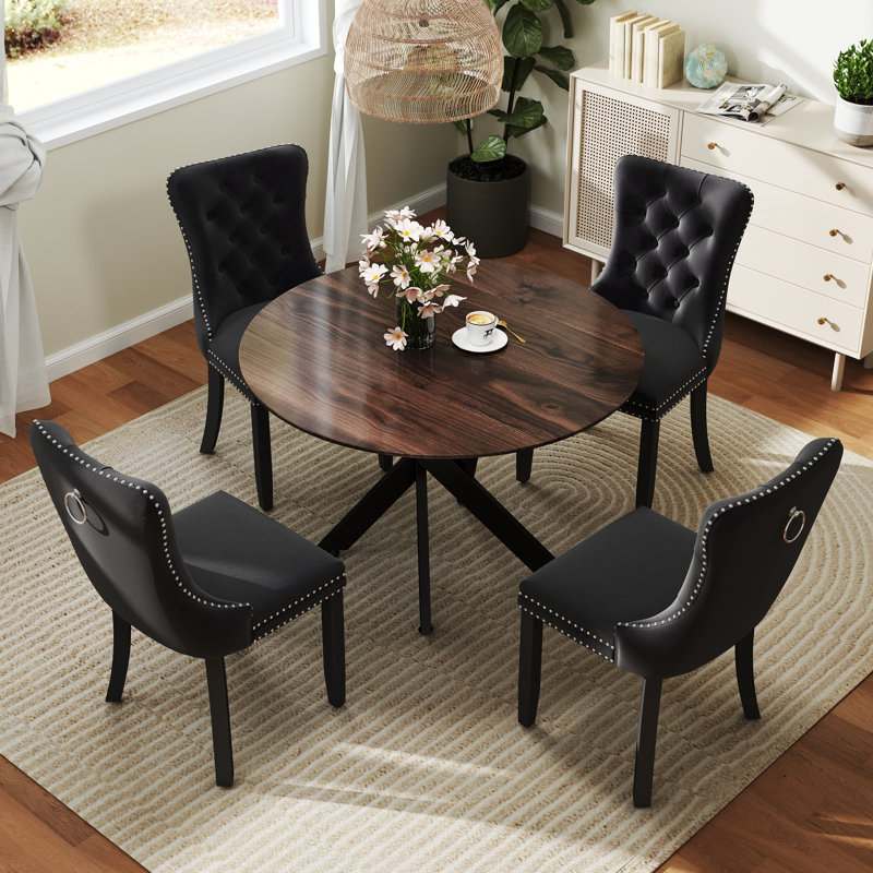 Round Wood Dining Set with Tufted Dining Chair, Black, 3, Brown/Black