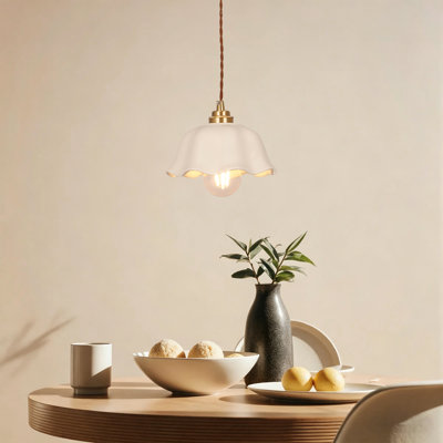 French Ceramic Pendant Light With White Scalloped Shade, Brass Single Hanging Lamp