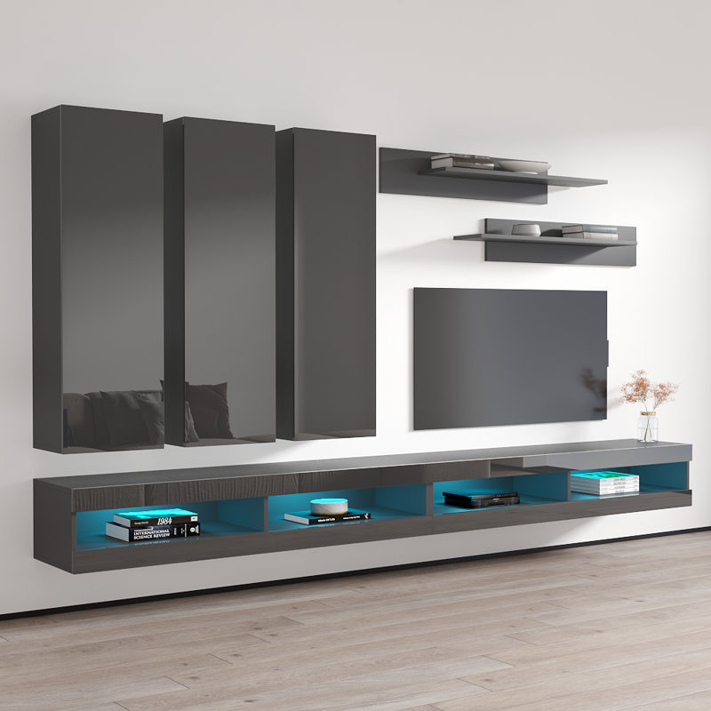 Meuble audio-vidéo mural flottant de 126 po avec éclairage à DEL 16 couleurs, finition ultrabrillante, Gris