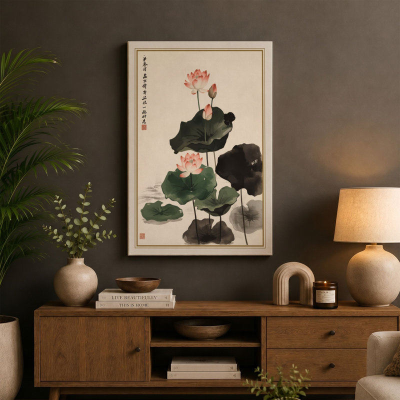 Lotus and Leaves Japandi - Wrapped Canvas, 30x20 - 76.2 x 50.8 cm, Terracotta Border