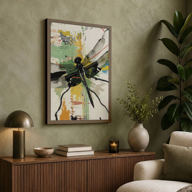 Dragonfly on Maps Eclectic - Wrapped Canvas, 36x24 - 91.4 x 61.0 cm, Terracotta Border