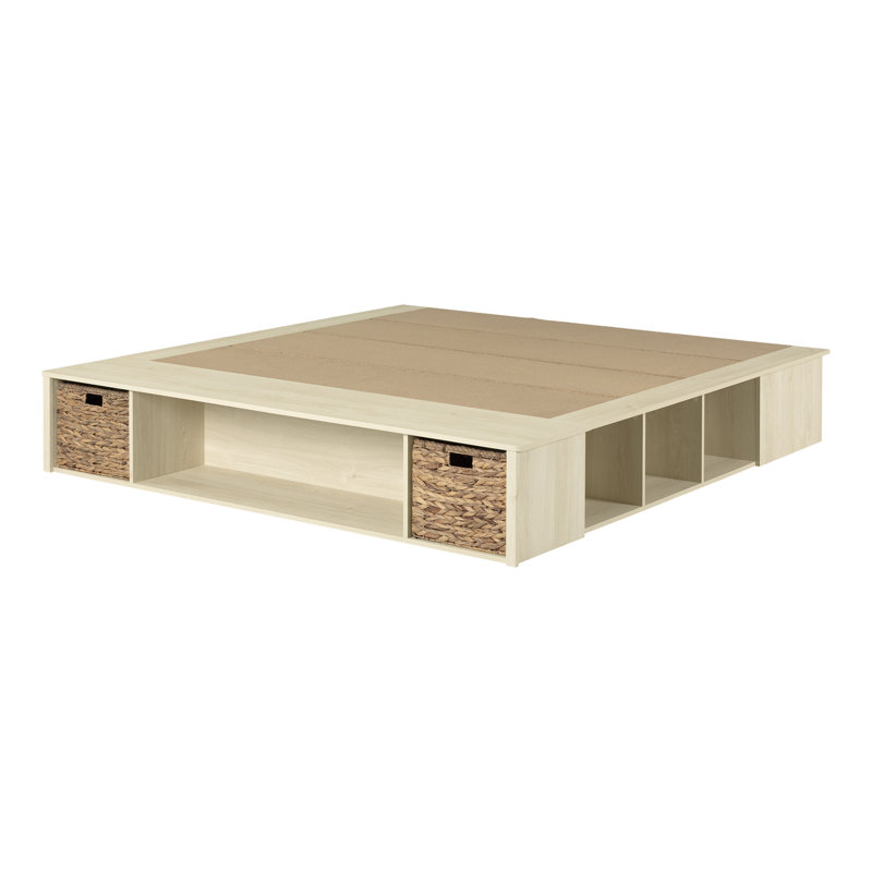 Danbury King Storage Platform Bed With Wicker Baskets, Beige, King