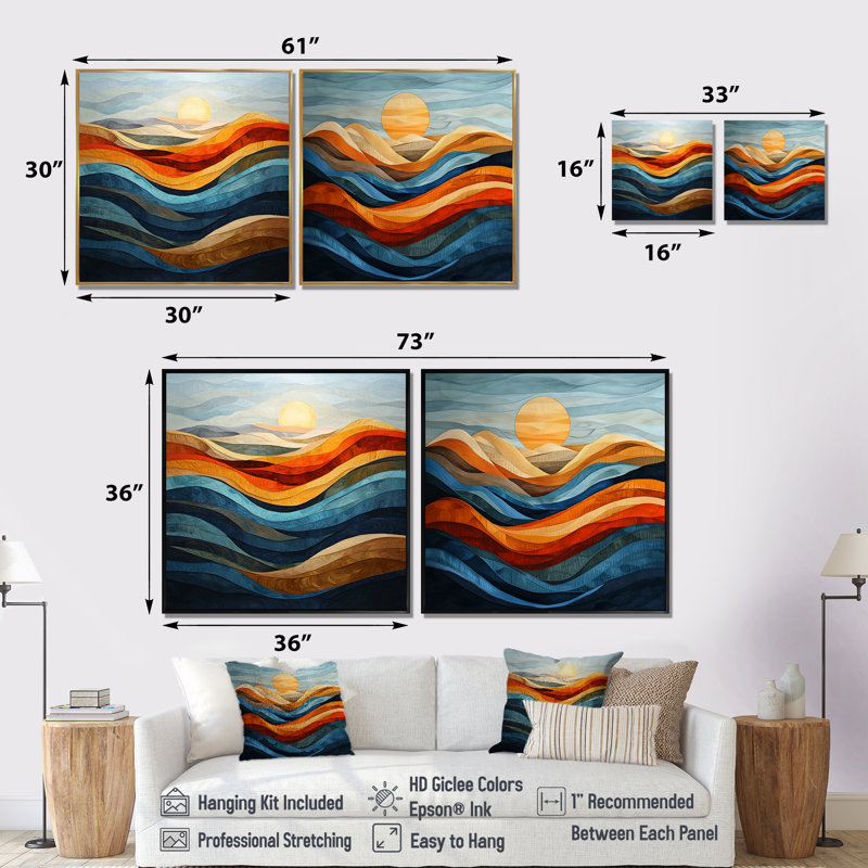 «Blue Orange Bold Mountains Landscape at Sunset I», art mural abstrait - ensemble d'art mural moderne 2 pièces, Doré