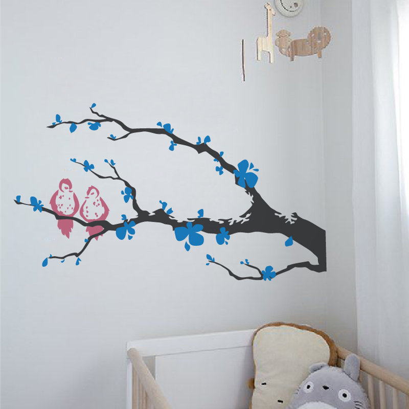 Décalcomanie murale branche arbre love oiseaux, Bleu / Rose / Noir, H 21 po x l 40 po x P 0,01 po