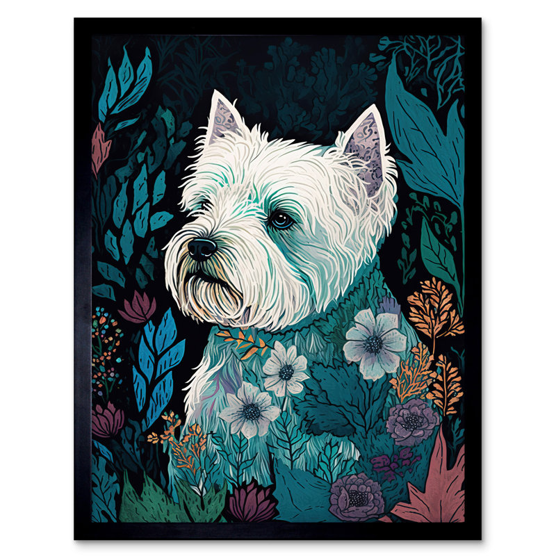 West Highland White Terrier In Flowers Dark Multicoloured Linocut - Single Picture Frame Print