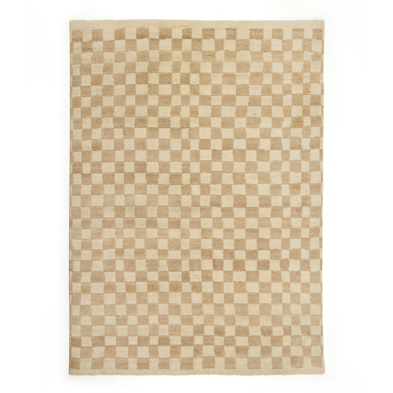Sinead Hand Knotted Wool Checkered Area Rug in White/Neutral, Rectangle 8' x 10', White/Neutral
