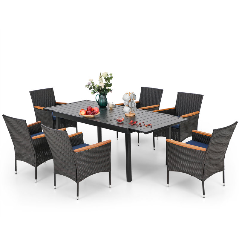 6 - Person Wicker Patio Dining Set with Extendable Rectangular Table , Cushions Included
