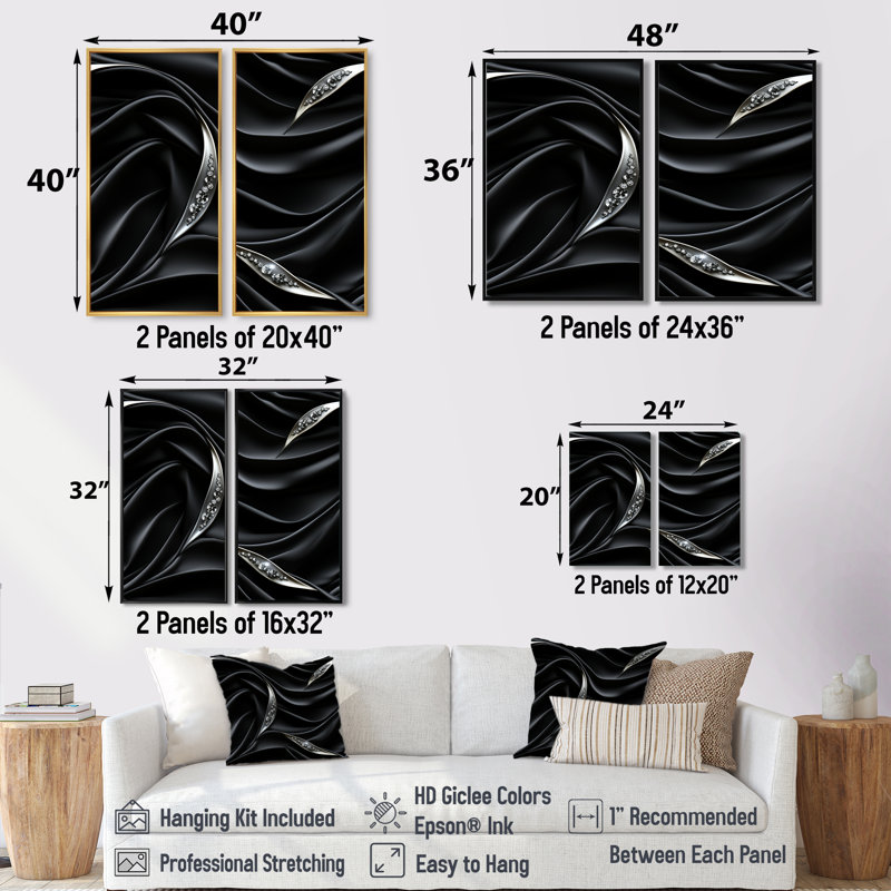 Noir profond, élégance argentée - art mural moderne doré, Black, 36" H x 48" W, Impression encadrée flottante