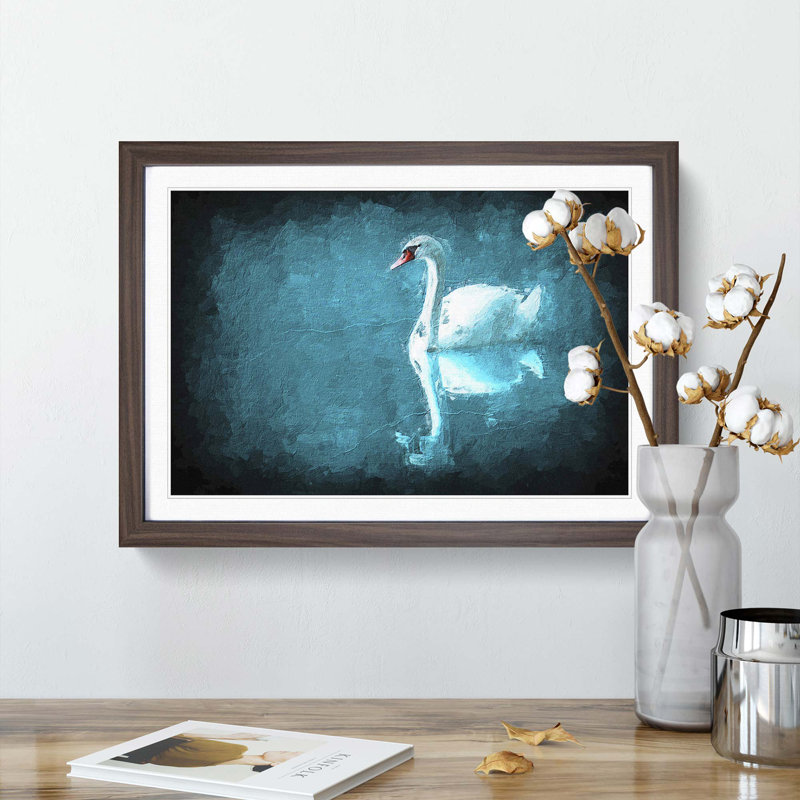 White Swan on a Blue Lake in Abstract - Picture Frame Painting Print, Walnut Framed, 36cm H x 48cm W x 2cm D