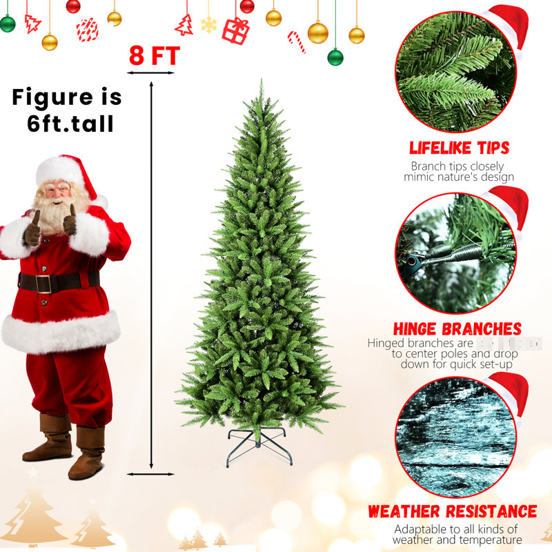 Arbre de Noël élancé de 7,5 pi, 1396 pointes mixtes en PE +, structure à charnières pour une installation simple, support en métal stable avec coins en angle serré, pointes Pe + réalistes, branches faciles à assembler, support solide
