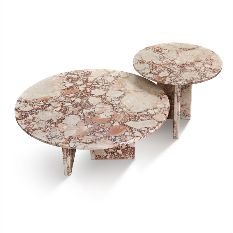 Blush Pink Natural Marble Nesting Coffee Table Set of 2, Round Polished Living Room Centerpiece, Modern Minimalist Style