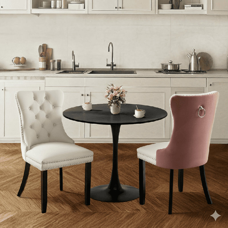 Ensemble de table de salle à manger rond avec 2 chaises, Noir, noir, noir, noir, Blanc / rose / noir
