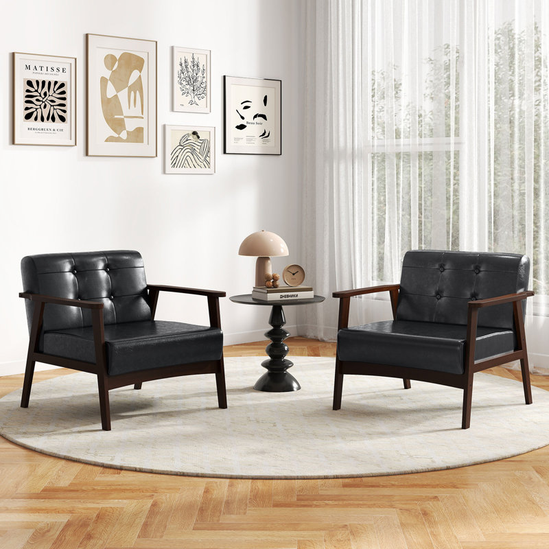 Chaise longue d'appoint avec accoudoirs capitonnée moderne Mid-Century, Lin noir, 1