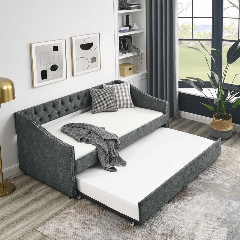 Lit de jour avec lit gigogne simple, Gris, Lit simple