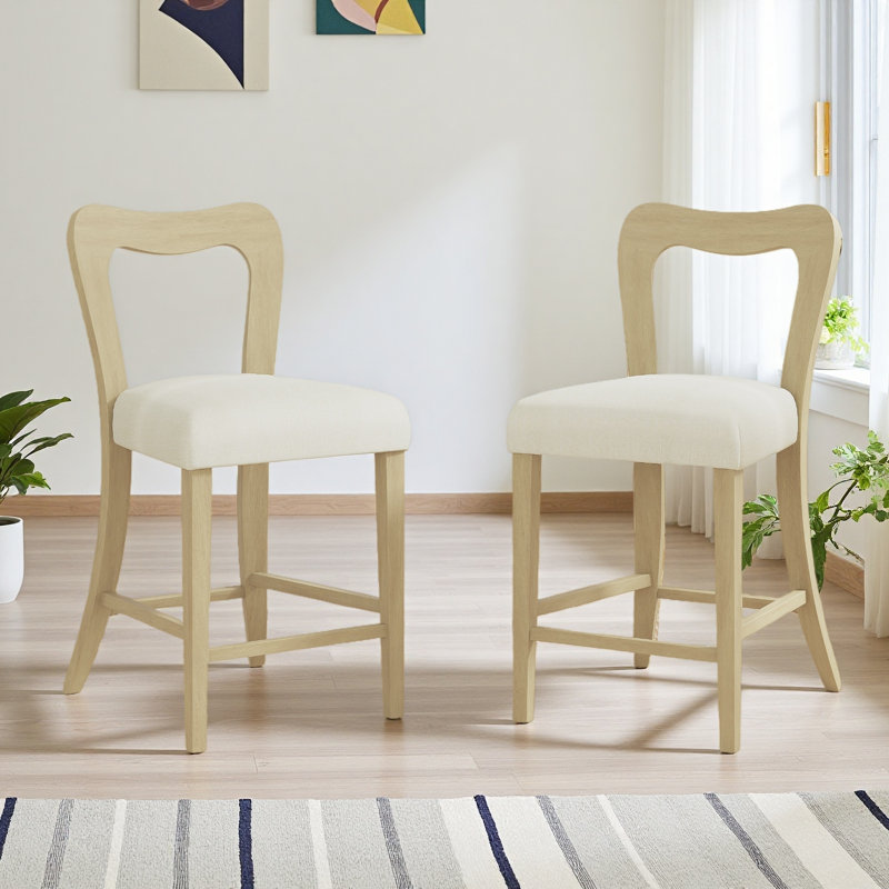 Ensemble de 2 tabourets de comptoir sans accoudoirs, Siège beige / structure en frêne clair