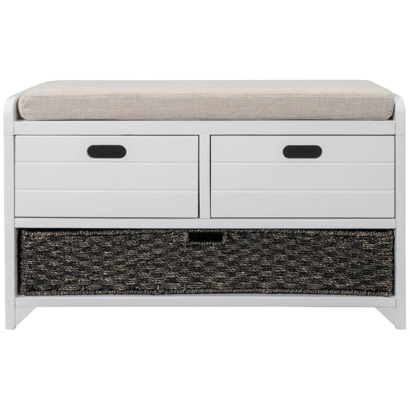 Storage Bench With Removable Basket And 2 Drawers, Fully Assembled Shoe Bench With Removable Cushion (White)