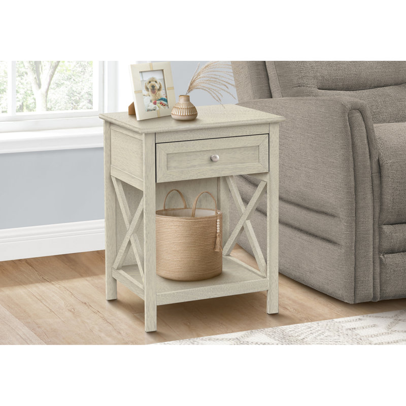 Table d'appoint transitionnelle en placage blanc antique avec rangement pour la chambre et le salon
