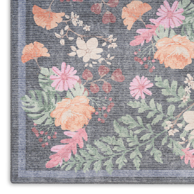 Nourison Botanical Washables 5' x 7' Charcoal Multicolor Farmhouse Indoor Rug, Rectangle 5' x 7', Multicolor Charcoal