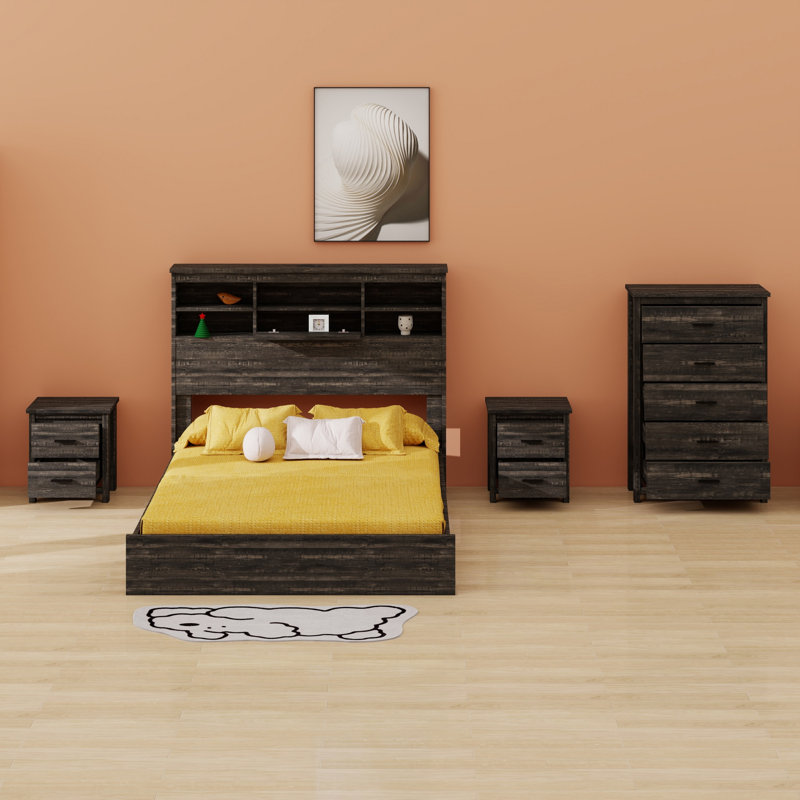 Ensemble de chambre à coucher avec lit tête de lit avec rangement et 2 tables de chevet et commode