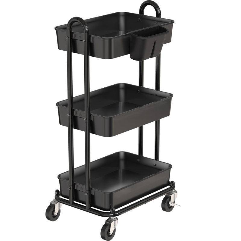 Black Metal 3-Tier Rolling Utility Storage Cart with Wheels