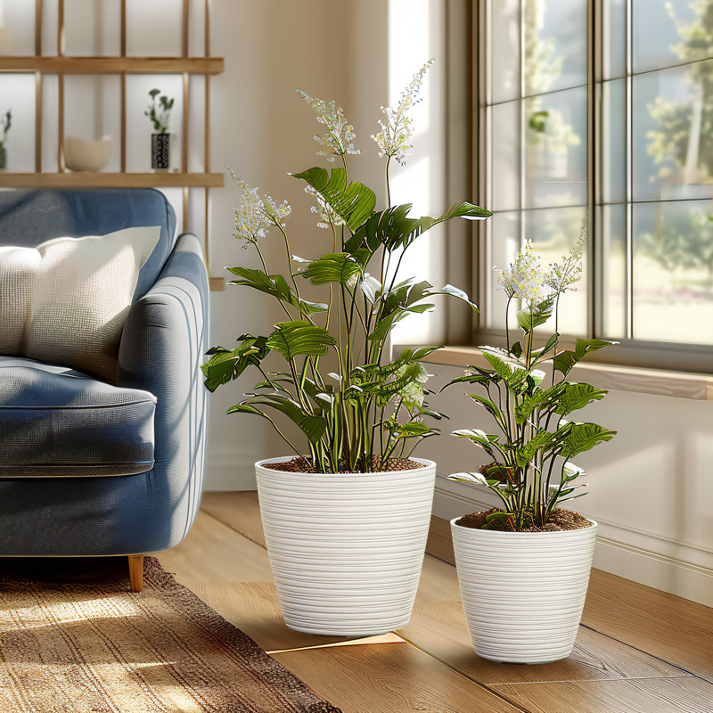 Amiin Modern Tapered Round Plastic Planter Set of 2, Indoor Outdoor HDPE Pot Planters, Ivory