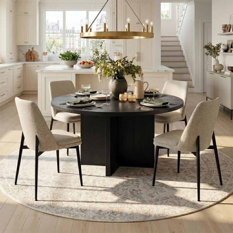 Modern 5-Piece Round Dining Set With Pedestal Base Table And Upholstered Side Chairs, Oatmeal
