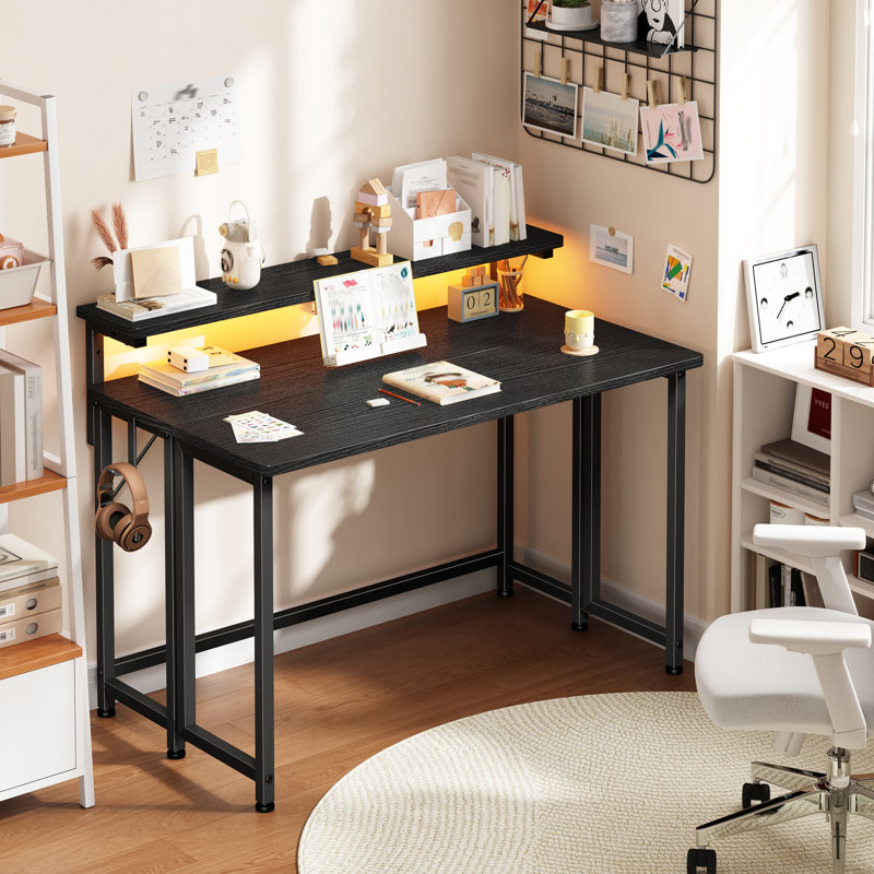 32/40"W Folding Computer Desk with Monitor Stand and RGB LED Lights, Small Desk for Home Office Desk, Sturdy Industrial Folding Desk with Storage Hooks & Adjustable Feet