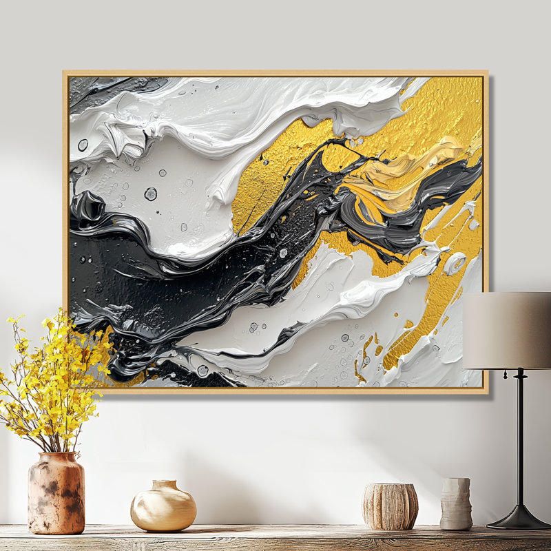 Figurine Ontra noir et jaune en couleur II - art néo-expressionniste, H 30 po x l 40 po, Impression encadrée flottante