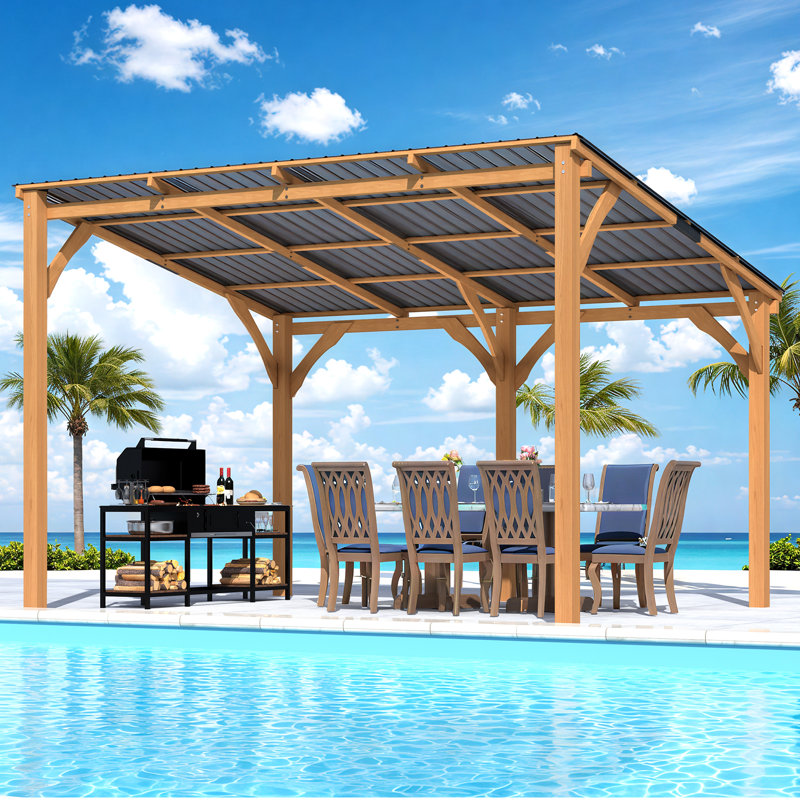 3X3M Outdoor Cedar Lean To Hardtop Pergolas And Gazebos Clearance, 245cm H x 362cm W x 282cm D