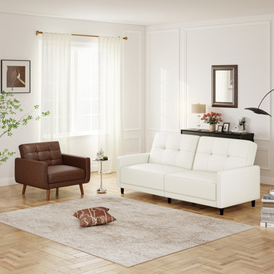Ebern Designs Lydd 2-Piece Upholstered Faux Leather Square Arm Living Room Set With Tufted Convertible Futon Sofa Bed