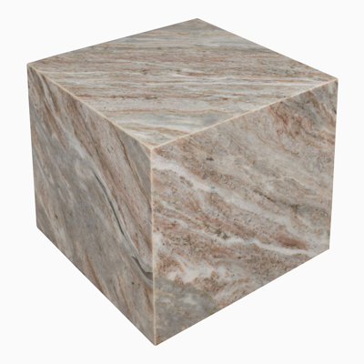 Felix 15" Minimalist Marble Cube End Table, Natural Gray Beige Stone Square Block Side Table, Solid Glossy Living Room Accent Pedestal