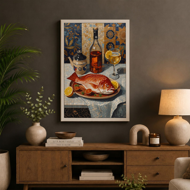 Classical Fish Feast Classic 1 Piece Wrapped Canvas Wall Art, 30x20 - 76.2 x 50.8 cm, Cream Border