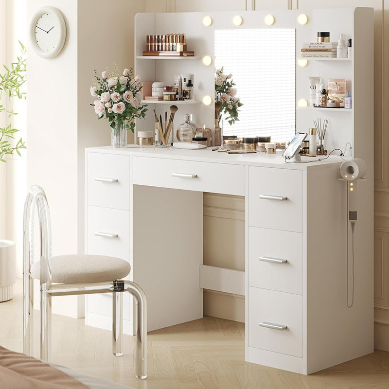 Vanity Desk With Mirror, Power Outlet And 10 Lights, Makeup Table With 7 Drawers, 3 Color Modes Available For Bedroom, White