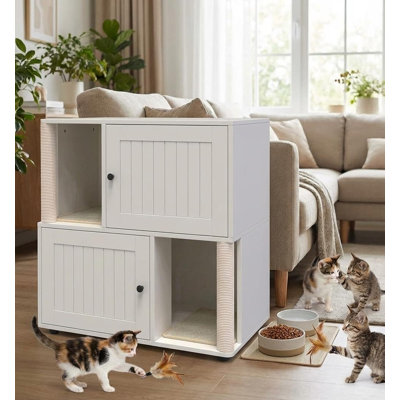 Mobilier pour bac à litière pour chat, meuble pour litière pour chat avec double bac à déchets fermé, meuble pour chat en bois avec poteau à griffer et double tapis