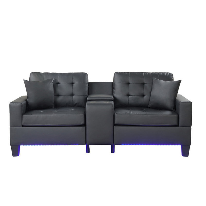 Canapé rembourré en PVC avec lumières DEL et console de rangement, noir