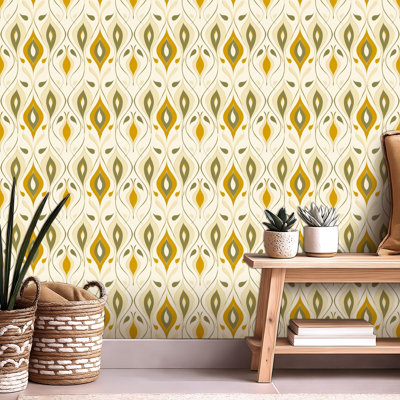 Peel and Stick Wallpaper Contact Paper Mid century retro seamless repeating groovy saucer yellow Self Adhesive and Removable 24in x 118in(60x300cm)