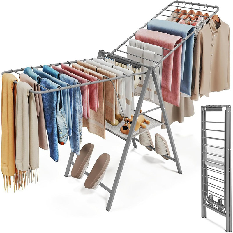 Séchoir à linge pliable, gris, séchoir à linge en métal, portable et pliable, réglable en hauteur pour une utilisation intérieure et extérieure