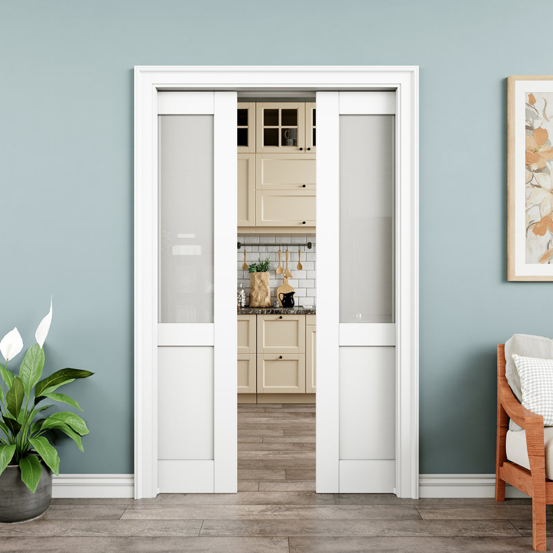 Porte coulissante à galandage 36x80 en verre trempé dépoli semi-vitré avec fermeture amortie, double battant à âme pleine 18x80, peignable et imperméable, utilisable comme porte de buanderie, porte de placard, porte de chambre ou porte escamotable.