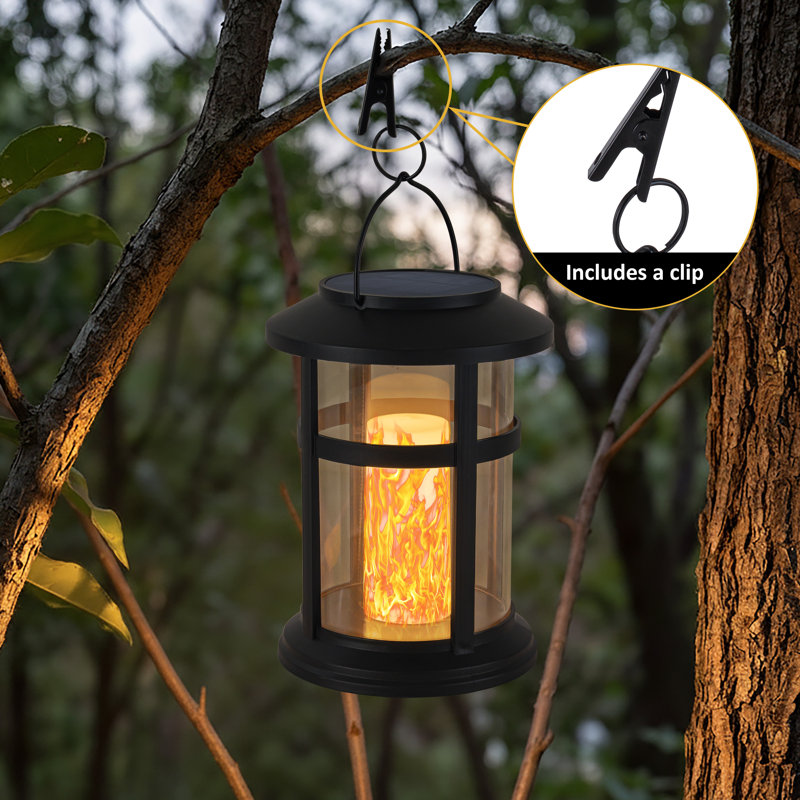 Black Outdoor Hanging Solar Lantern With Flame-style Light Bulb And Clip